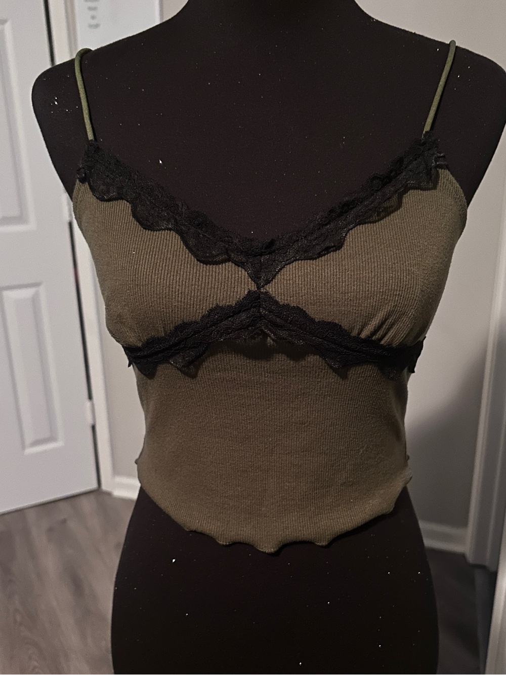 Olive Green Lace Trim Cami Tank Y2K Fairy Grunge Ribbed Knit Top